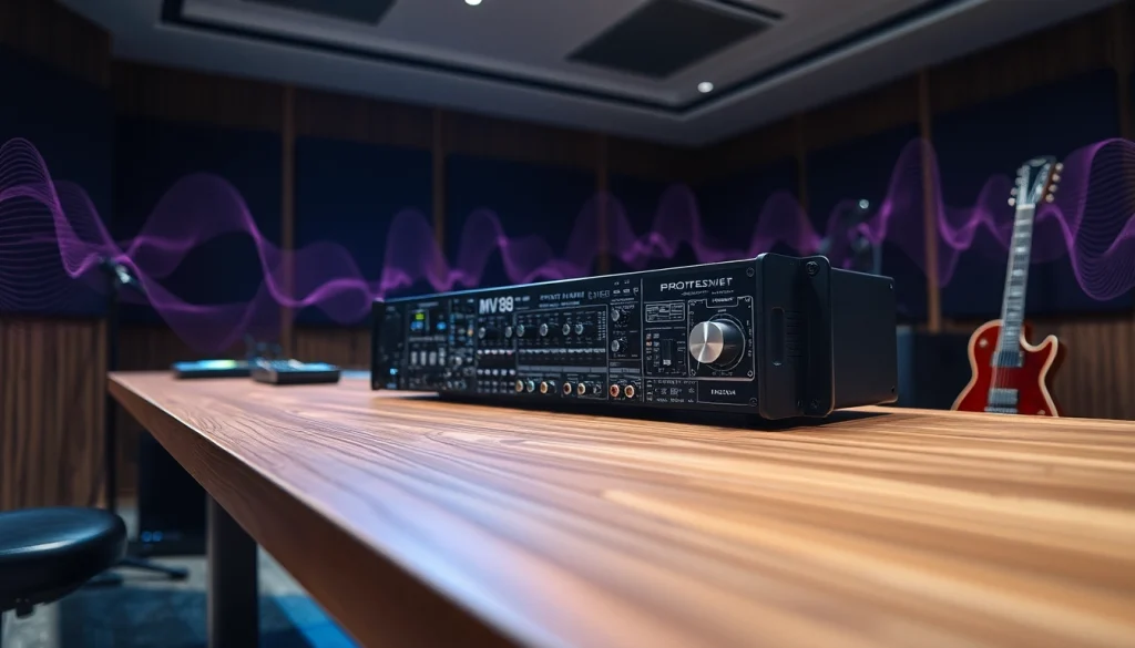 Showcase of MV 88 audio equipment on a sleek table in a modern studio setting.