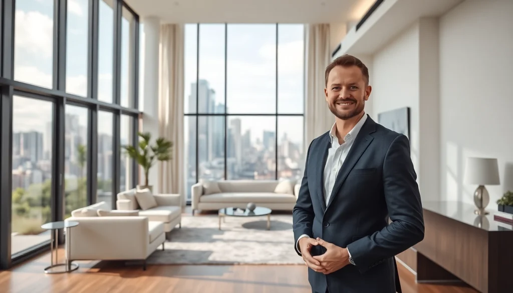 Showcase a real estate agent presenting luxury real estate in a beautiful modern living room.