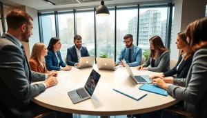 B2B mystery shopping scene with professionals collaborating and analyzing data in a modern office.