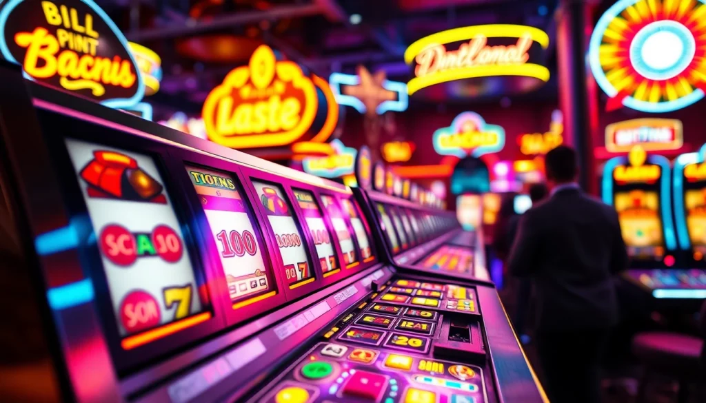 Memperlihatkan slot machine dengan pemain yang sedang beraksi di kasino yang cerah.