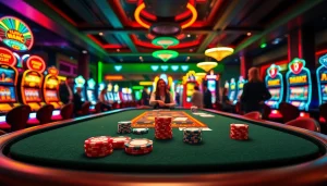 Menampilkan kasinojitu dengan meja poker yang mewah dan suasana kasino yang cerah.