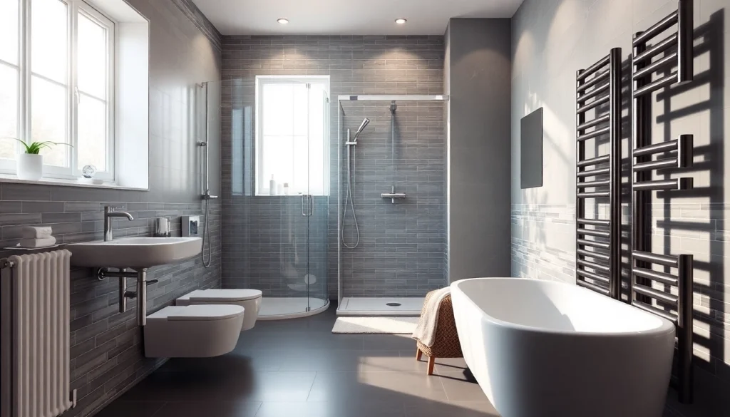 Produkte von sonni sanitär in einem eleganten Badezimmer mit modernen Duschen und Heizkörpern.