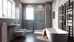 Produkte von sonni sanitär in einem eleganten Badezimmer mit modernen Duschen und Heizkörpern.