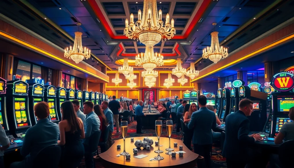 คาสิโนที่พลุกพล่านเต็มไปด้วยผู้เล่นที่ตื่นเต้นและกิจกรรมการพนัน