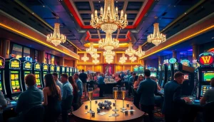 คาสิโนที่พลุกพล่านเต็มไปด้วยผู้เล่นที่ตื่นเต้นและกิจกรรมการพนัน