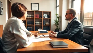 Consultation about litigation case at https://www.turnpikelaw.com with a professional attorney in a modern office.