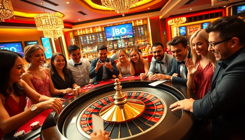 JBO players enthusiastically celebrate a winning spin at the roulette table in a lively casino atmosphere.