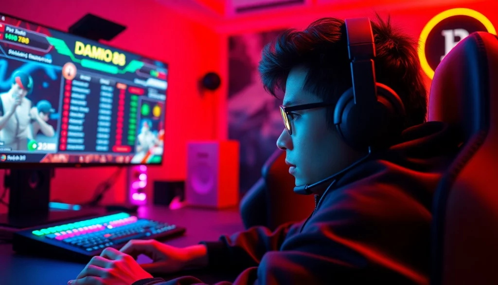 Daftar Domino88 game, beraksi dengan fokus dalam setup gaming canggih yang dinamis.