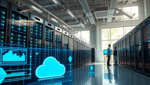 Cloud mining facility featuring advanced servers and analytics screens.