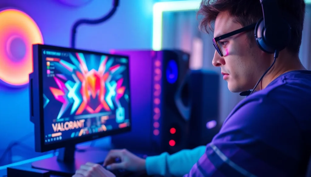 Gamer engaged in valorant download on a high-end PC with LED lighting.