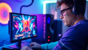 Gamer engaged in valorant download on a high-end PC with LED lighting.