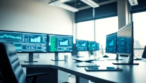 Showcasing technology workspace with advanced devices and data analytics interface.