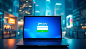 Masuk ke jentoto login dengan antarmuka yang menarik dan modern di latar belakang kota malam.