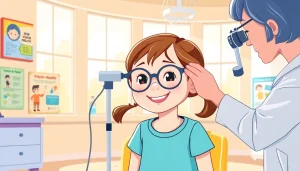 Promoting Our Children's Vision through a caring eye examination for a child in a bright clinic.