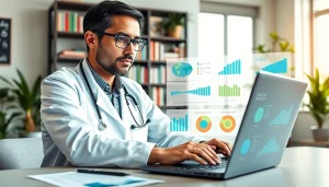 Professional health expert reviewing wellness data and health statistics in an engaging modern office.