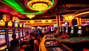 คาสิโนที่มีผู้เล่นสนุกสนานรอบๆเครื่องสล็อตและโต๊ะโป๊กเกอร์