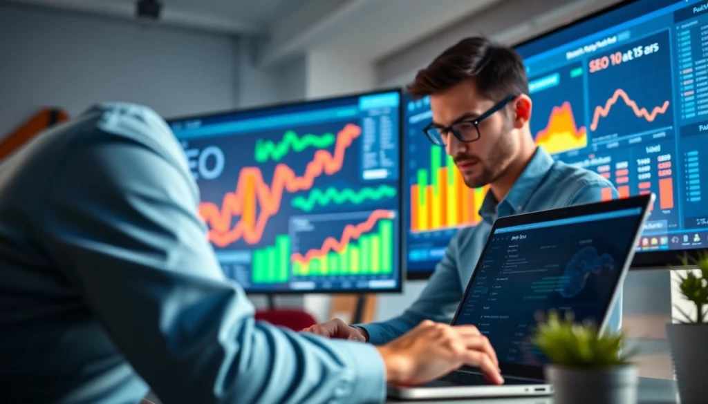 View of an SEO analyst at work analyzing data from https://fhpts.com, surrounded by digital metrics and graphs.