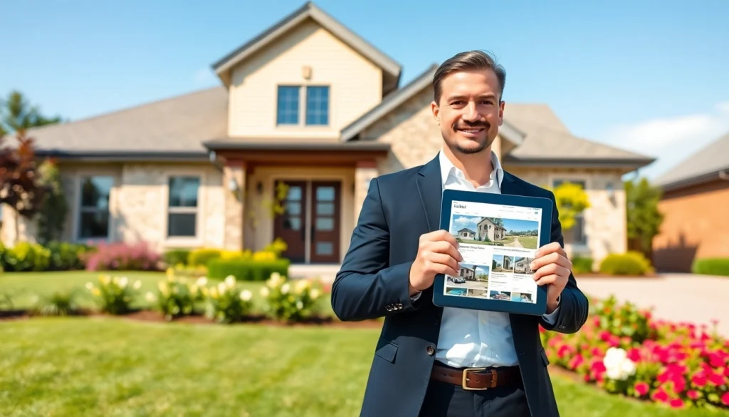 Real Estate agent showcasing properties in front of a modern home with a vibrant background.