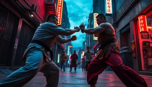 Engaging martial arts thriller action scene featuring intense fighters clashing in an urban environment.