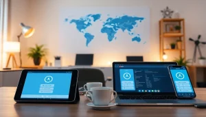 快连vpn下载 on various devices in a cozy modern workspace, showcasing digital security and connectivity.