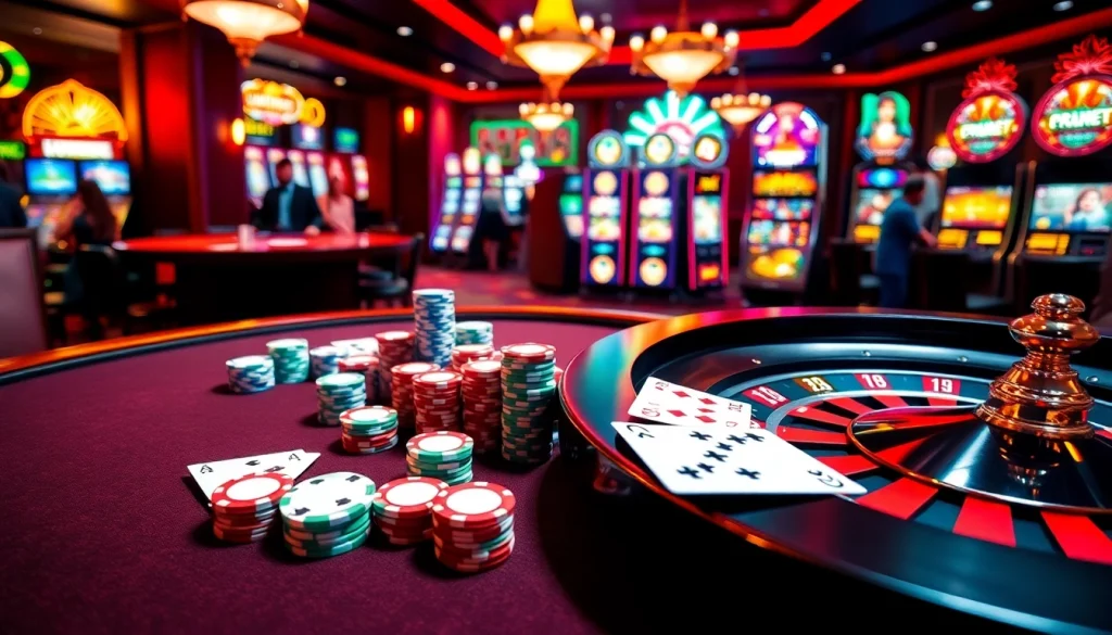 Exciting casino scene depicting vibrant games from https://79king2.sa.com/ with poker tables and slot machines.