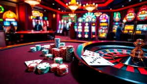 Exciting casino scene depicting vibrant games from https://79king2.sa.com/ with poker tables and slot machines.