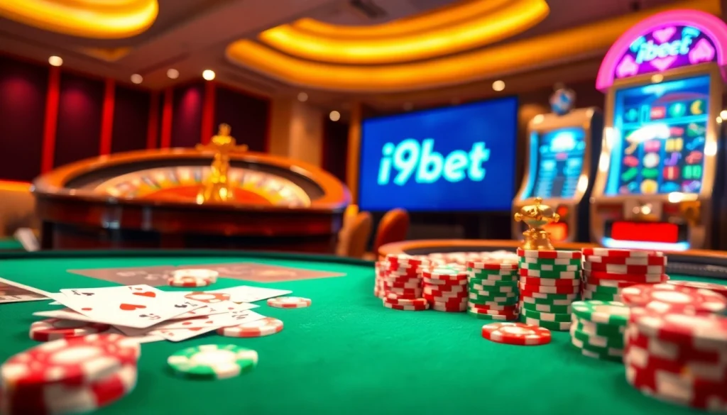 Exciting gameplay at i9bet showcased with casino chips, cards, and a spinning roulette wheel.