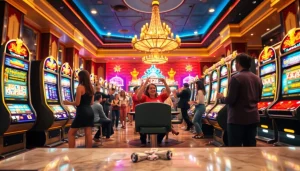 Players celebrating wins at the doaslot slot machines in a vibrant casino atmosphere.