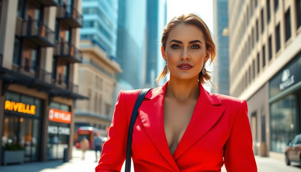 Showcasing a stylish Rivelle outfit worn by a confident woman in an urban setting, emphasizing elegance and fashion.