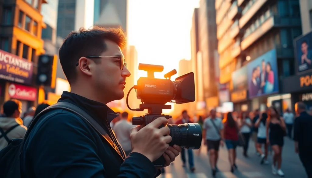 Videographer capturing an urban event highlighting creativity and professional expertise.