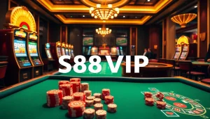 S88VIP showcases a vibrant casino scene with poker tables, slot machines, and a roulette wheel.