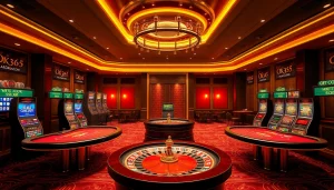 Experience the vibrant atmosphere of OK365 Trang chủ with engaging slot machines and elegant casino tables.