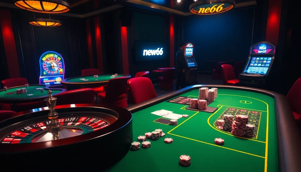 Exciting gambling atmosphere at new66 casino featuring poker, roulette, and slot machines.