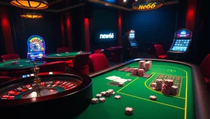 Exciting gambling atmosphere at new66 casino featuring poker, roulette, and slot machines.
