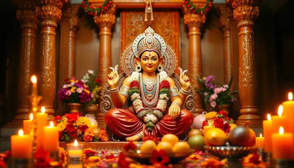 Menampilkan slot deposit 1000 di altar yang dihiasi bunga dan lampu, menciptakan suasana damai.