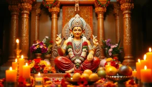 Menampilkan slot deposit 1000 di altar yang dihiasi bunga dan lampu, menciptakan suasana damai.