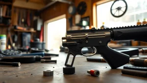 Showcasing the ar15 super safety trigger on a workbench with tools, capturing its precision and design.