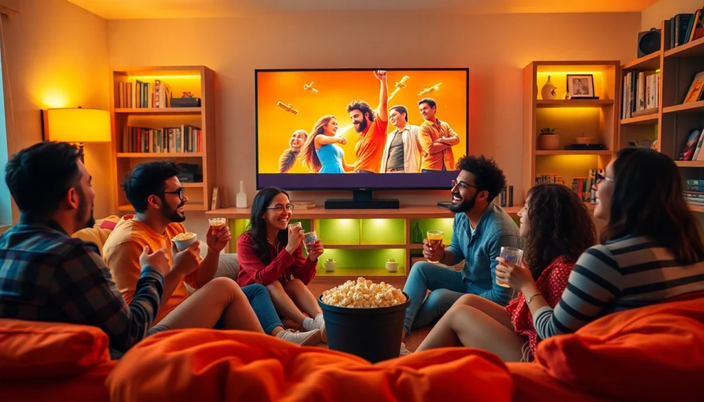 Friends enjoying filme online together in a cozy living room, vibrant atmosphere