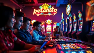 Menggambarkan pengalaman petanitoto yang mendalam dengan pemain terlibat dalam permainan slot online yang seru.