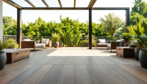 Superbes carreaux de carrelage extérieur présentés sur une terrasse extérieure entourée de verdure.