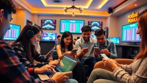 Menampilkan pemain togel online berinteraksi dengan perangkat digital di lingkungan gaming yang energik.