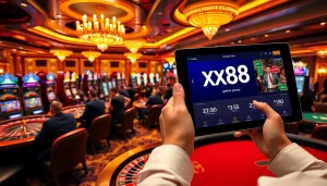 Excited gamblers enjoying the vibrant casino experience at https://xx88.promo/ with slot machines and table games.