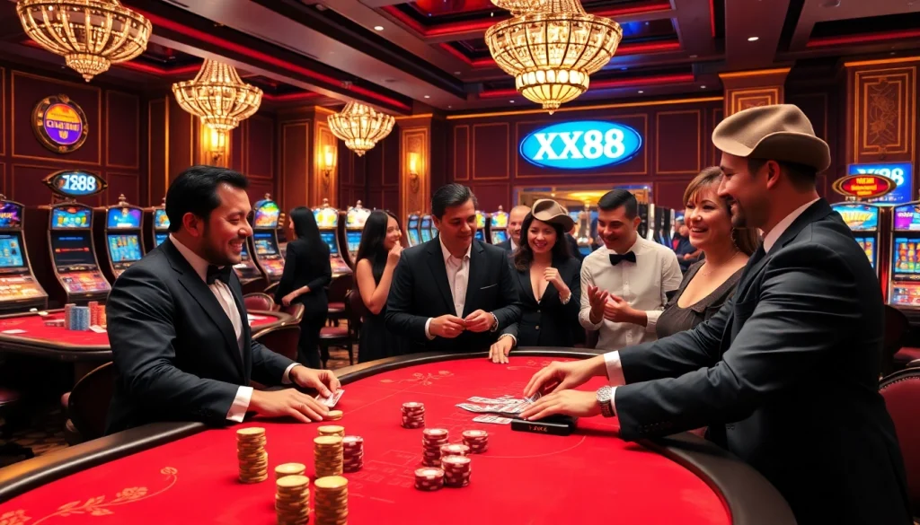 Place bets at XX88's lively casino, where poker chips and cards hint at thrilling gameplay.