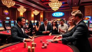 Place bets at XX88's lively casino, where poker chips and cards hint at thrilling gameplay.