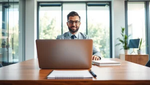 Engaged individual practicing Interview preparation in a bright office setting with organized materials.