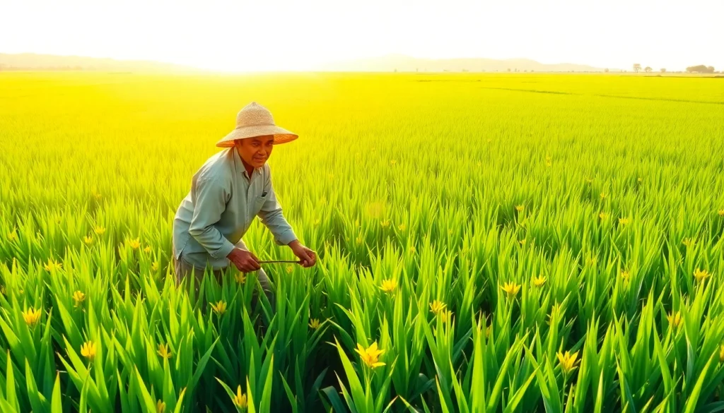 Petani toto tengah bekerja di ladang padi yang hijau dan subur.