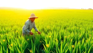Petani toto tengah bekerja di ladang padi yang hijau dan subur.