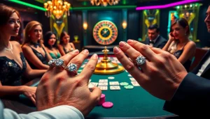 Elegant players showcasing diamond rings while gambling at a luxurious poker table.