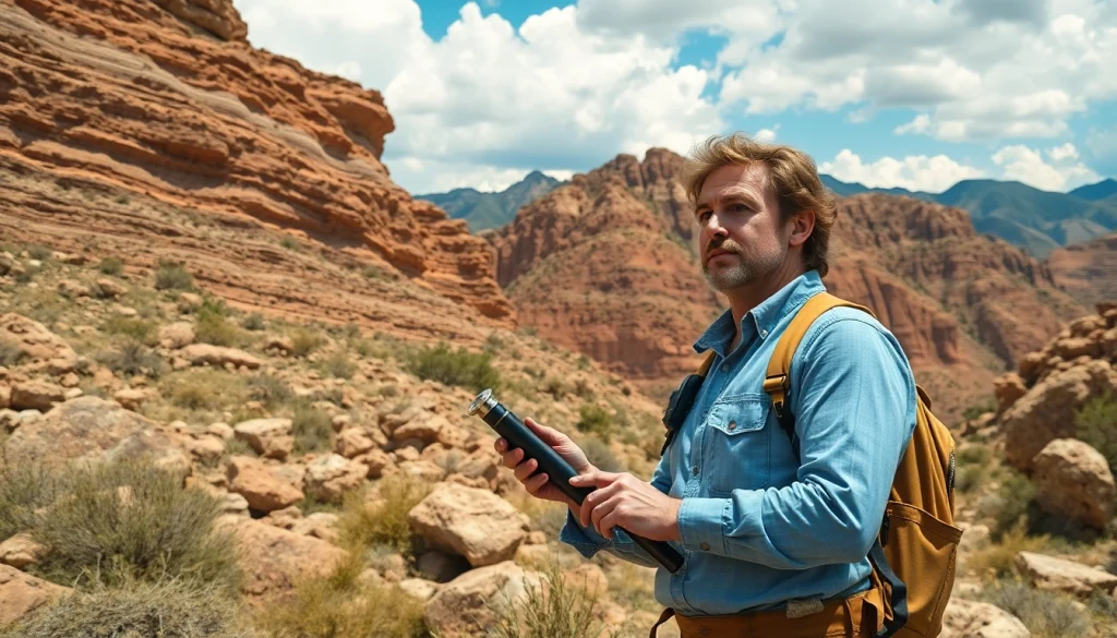Geology expert analyzing rock layers in a stunning mountainous setting.
