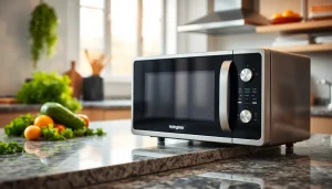 Discover the sleek design of a modern microwave oven surrounded by fresh ingredients in a professional kitchen.